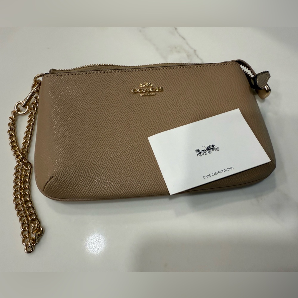 Coach Beige Leather Wristlet with Gold Chain